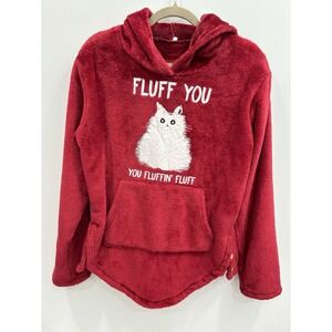 Red Fuzzy Hoodie Whiskers Sweatshirt "Fluff You" Cat Graphic Cozy M Cat Lady